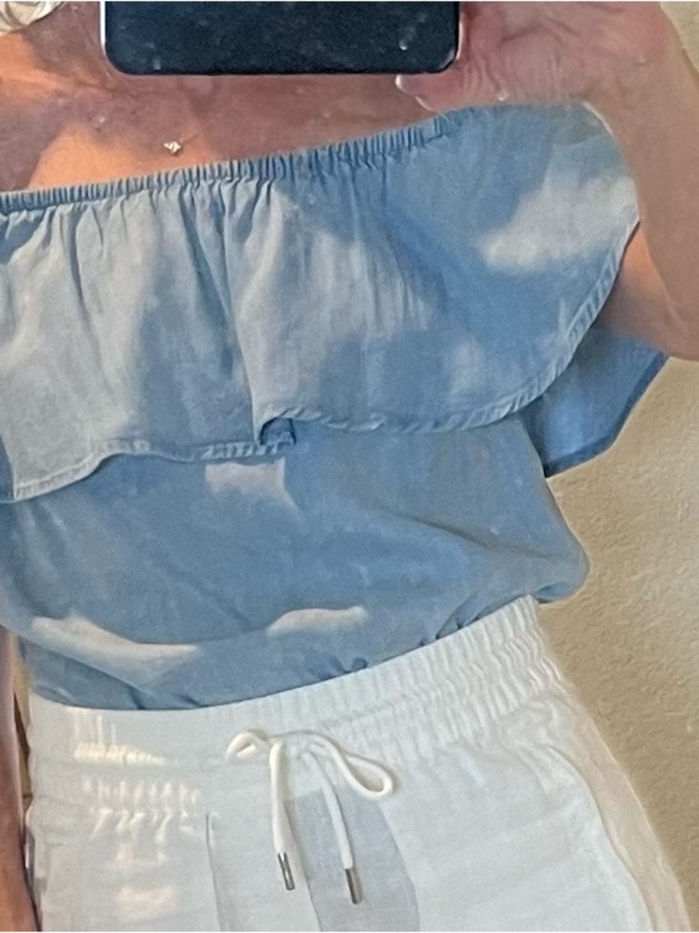 Allison Joy Light Blue Chambray Off-Shoulder Ruffle Top